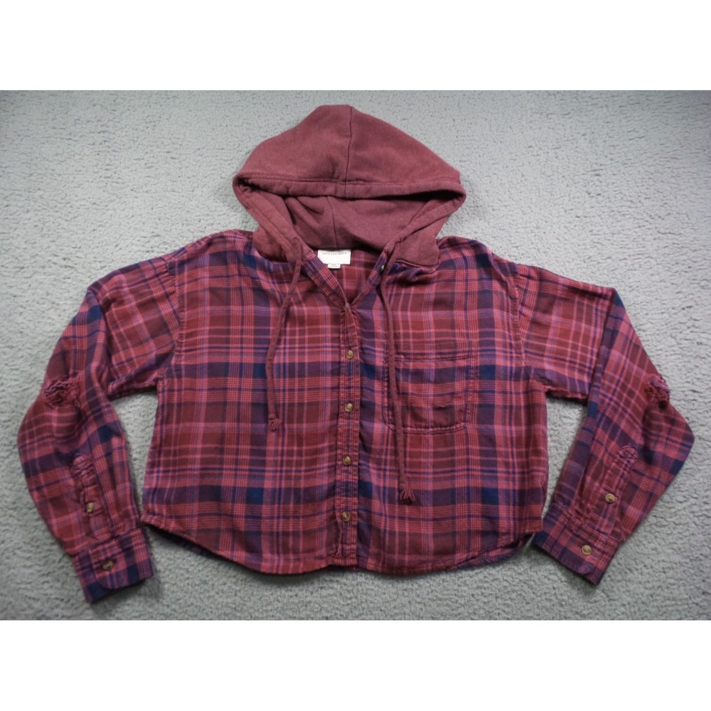 American Eagle Top Womens‎ Size Small Red Cropped Hooded Flannel Shirt Button Up